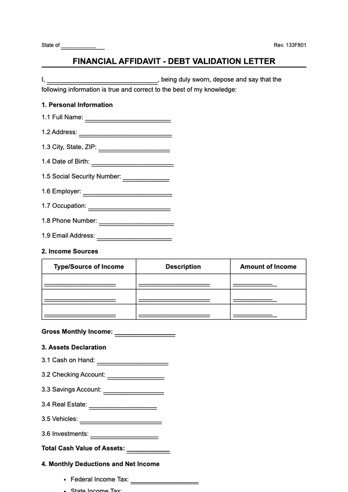 Official financial affidavit form with income expenses and assets sections_variant_1